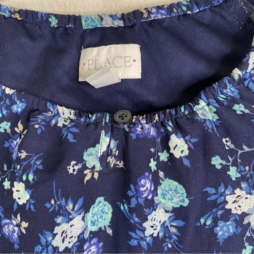 5/$25 Children’s Place Blue Floral Sheer Bell Flare Sleeves Tiered Overlay Lined